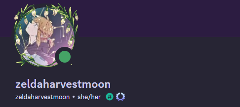 Discord profile card for zeldaharvestmoon (she/her)