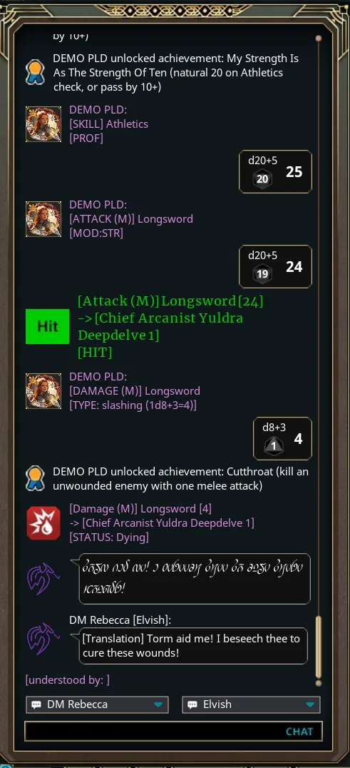The chat window: a Constitution save, an Athletics check, a longsword attack marked Hit against its target, the damage roll, and a line spoken in Elvish shown as runes with its translation