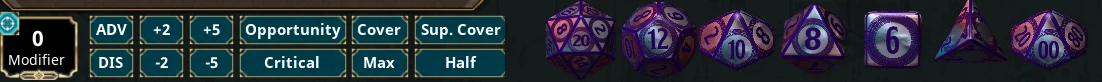 The modifier box, the ADV, DIS, plus and minus, Opportunity, Critical, Cover, Superior Cover, Max and Half buttons, and the row of dice from d20 to d100