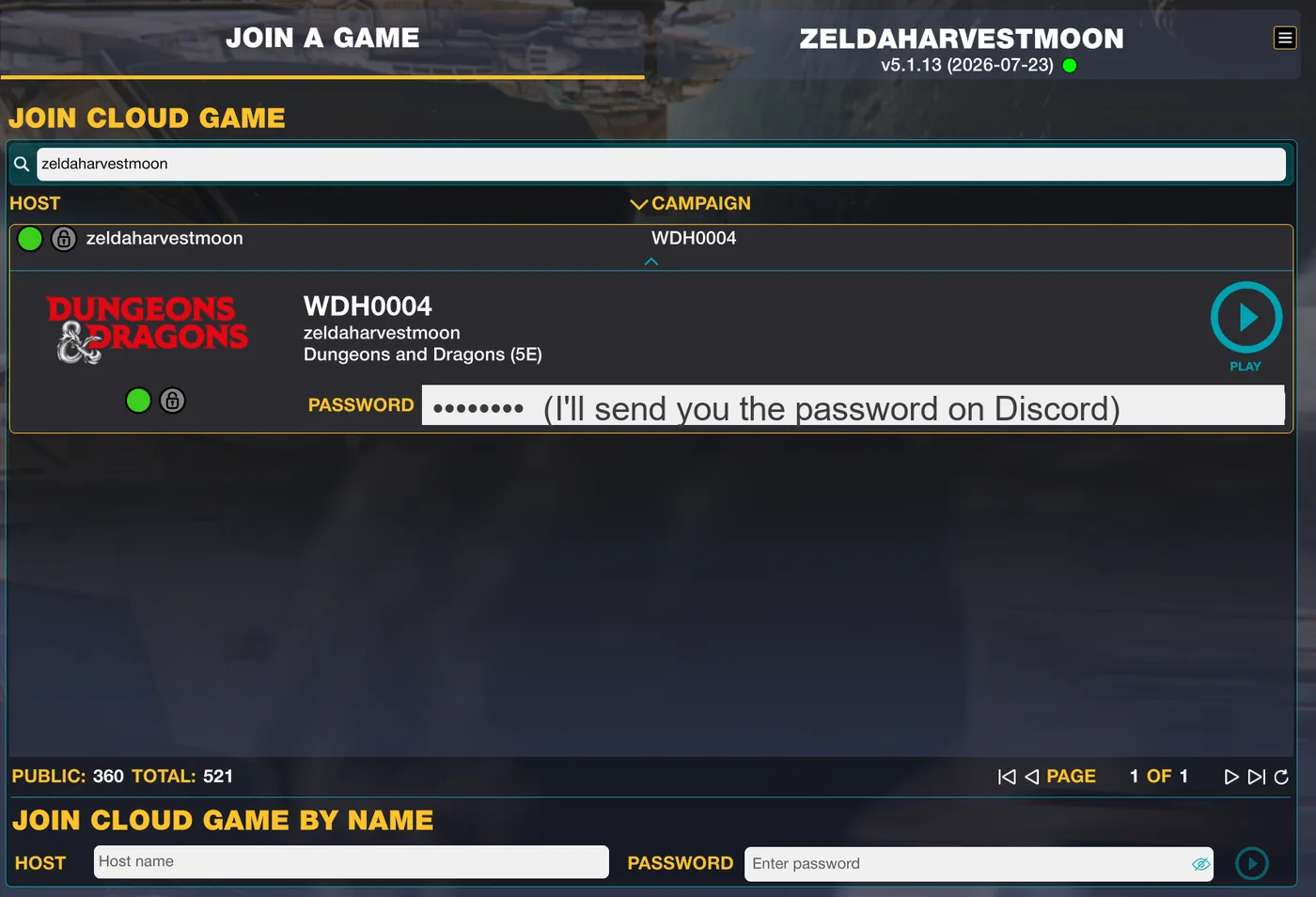 The Join a Game tab of the Fantasy Grounds launcher: the Join Cloud Game panel with zeldaharvestmoon typed in the search box, the WDH0004 table expanded, a password field, and a round Play button