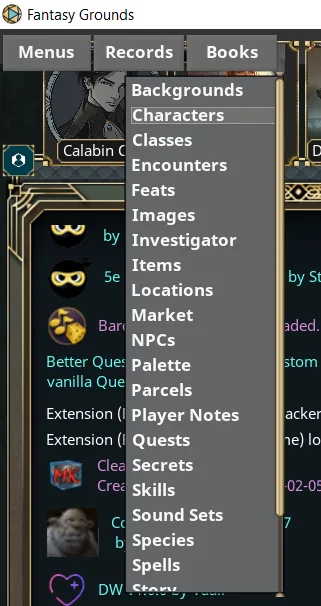 The Records drop-down menu open in the top-left corner, listing Backgrounds, Characters, Classes, Encounters, Feats, Images, Items and more