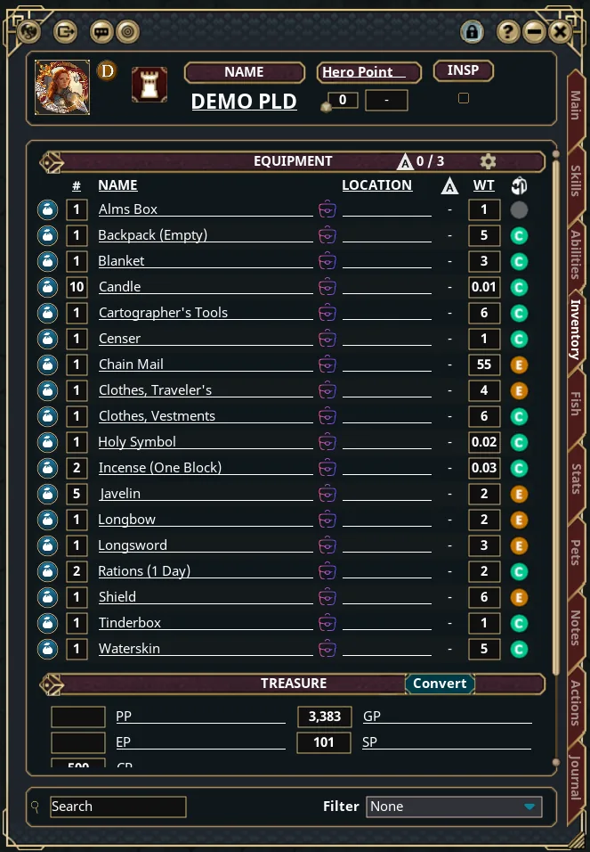 The Inventory tab: the Equipment list with count, name, location, attunement and weight columns and a coloured carried-or-equipped badge at the end of each row, then the Treasure coin boxes and a search box