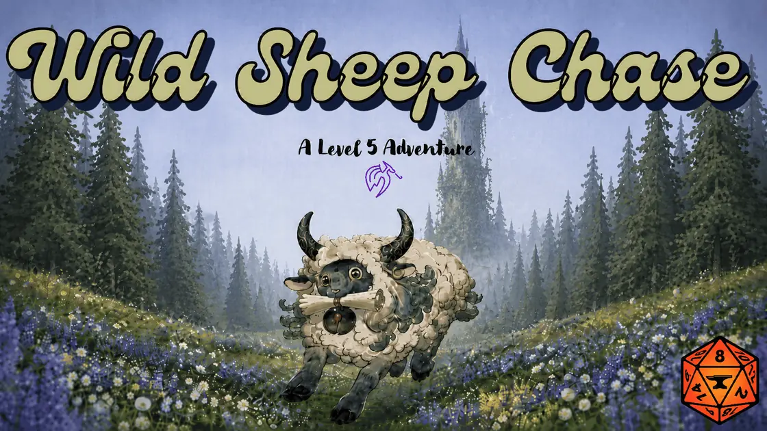 A Wild Sheep Chase title card: a horned sheep bounds through a wildflower meadow carrying a scroll, a wizard’s tower rising from the misty pines behind it