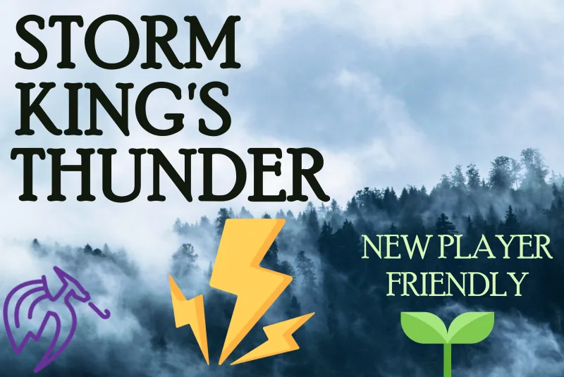 Storm King's Thunder title card: a lightning bolt splits a misty pine forest — new player friendly